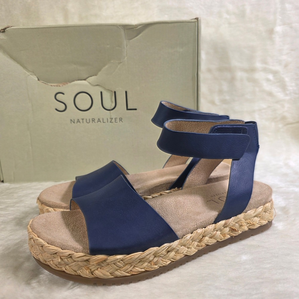 SOUL Naturalizer Sandals Espadrille Flatform Jute Ankle Strap Blue Women 5 NEW